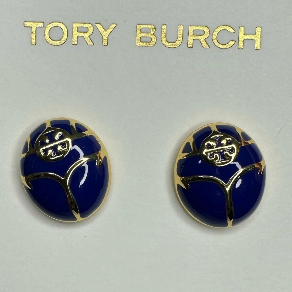 Tory Burch New Blue Enamel Oval Gold-Toned Earrings